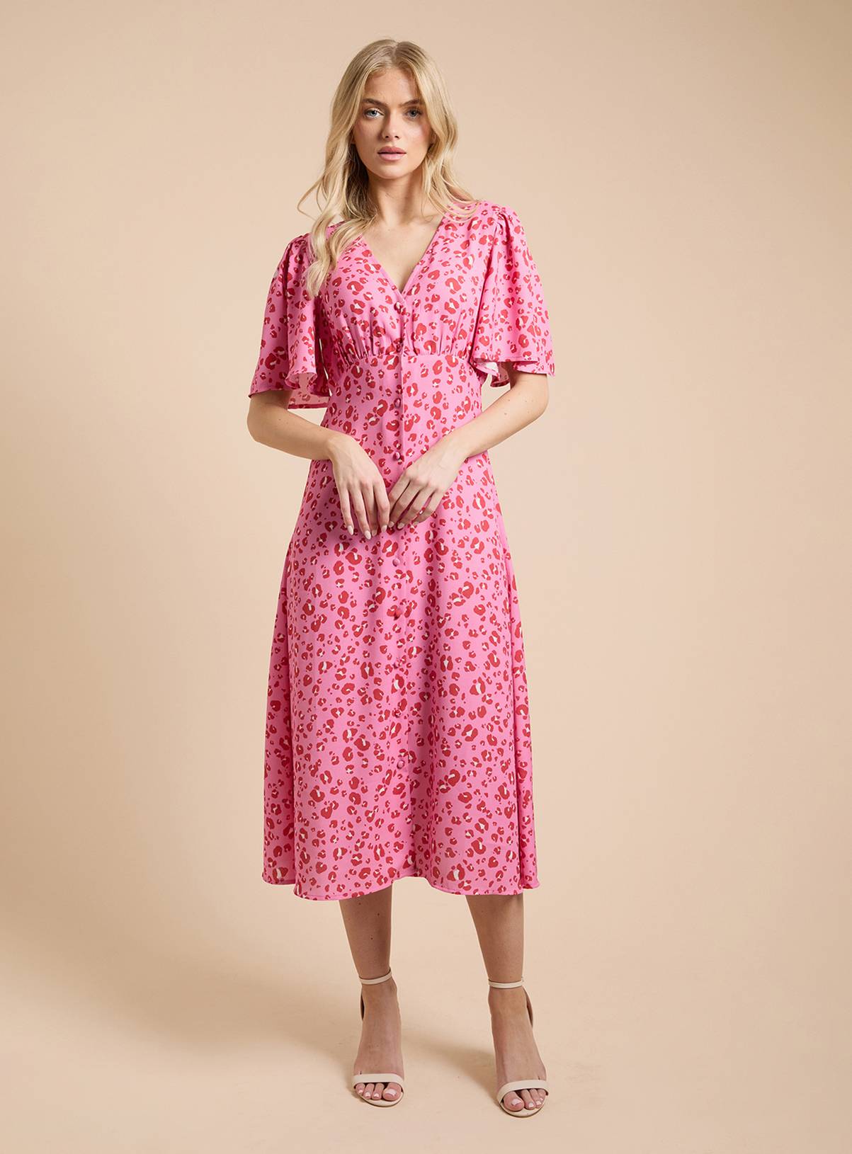 DOROTHY PERKINS Animal Button Front Angel Sleeve Tie Back Midi Dress 18 - Image 1